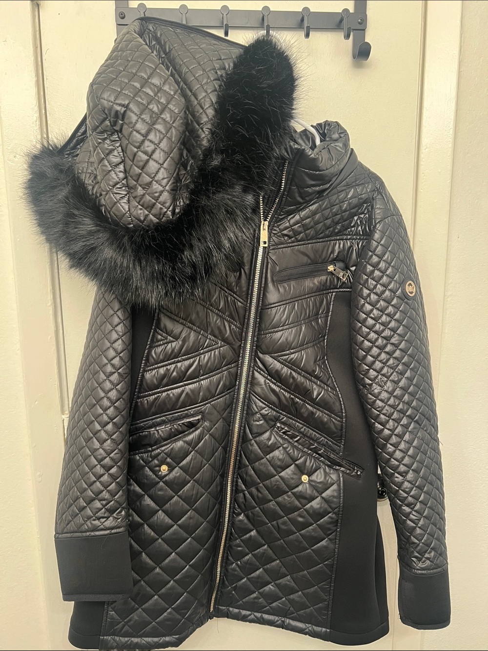 Michael Kor’s Black Women's Jacket with Gold Hardware and detachable fur hood